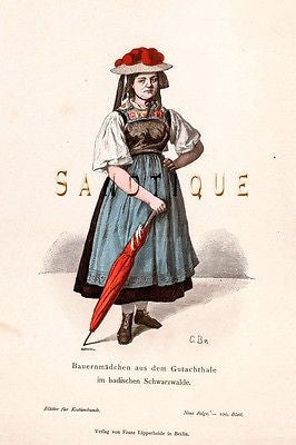 GERMAN WOMAN'S COSTUME - from KOSTUMKUNDE - Antique Print - H/C Litho -1880