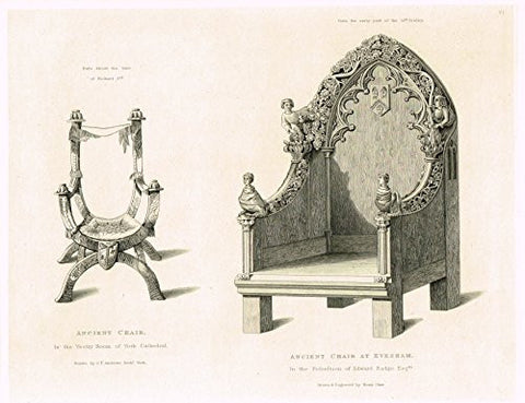Shaw's Ancient Furniture - "ANCIENT CHAIR AT EVESHAM" - Large Steel Engraving - 1836