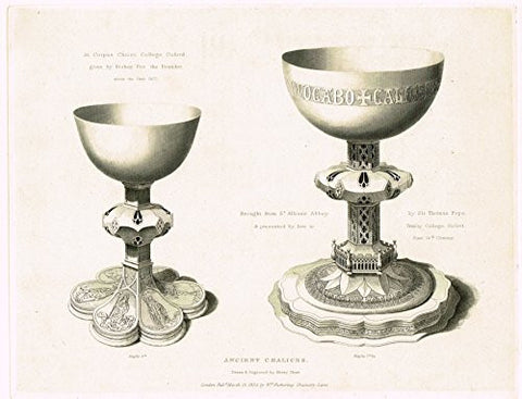 Shaw's Ancient Furniture - "ANCIENT CHALICES" - Large Steel Engraving - 1836