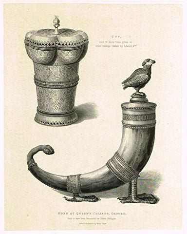 Shaw's Ancient Furniture - "HORN AT QUEEN'S COLLEGE, OXFORD" - Large Steel Engraving - 1836