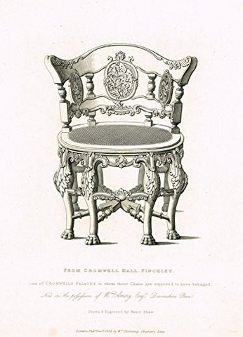 Shaw's Ancient Furniture - "CHAIR FROM CROMWELL HALL, FINCHLET" - Large Steel Engraving - 1836