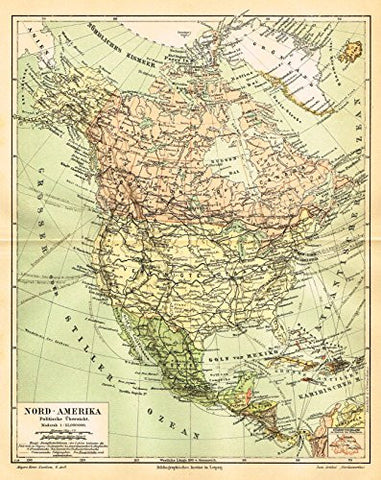 Meyers' Lexicon Map - "NORTH AMERICA - POLITICAL" - Chromolithograph - 1913