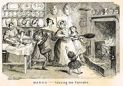 Cruikshank's Almanack - "MARCH - TOSSING THE PANCAKE" - Engraving - 1837