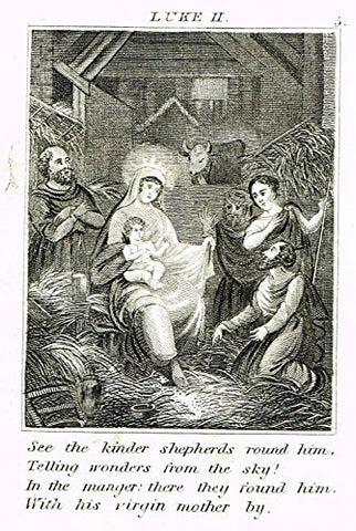 Miller's Scripture History - "JESUS BORN IN THE MANGER" - Small Religious Copper Engraving - 1839