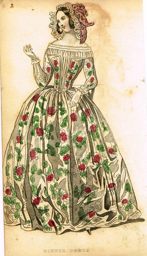 Lady's Cabinet Fashion Plate - "DINNER DRESS (FLORAL)" - Hand-Colored Engraving - 1840