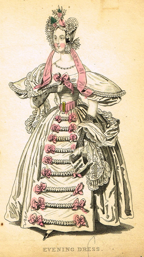 Lady's Cabinet Fashion Plate - "EVENING DRESS (PINK)" - Hand-Colored Engraving - 1840