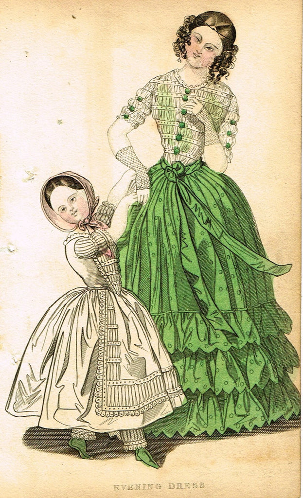 Lady's Cabinet Fashion Plate - "EVENING DRESS (GREEN)" - Hand-Colored Engraving - 1840
