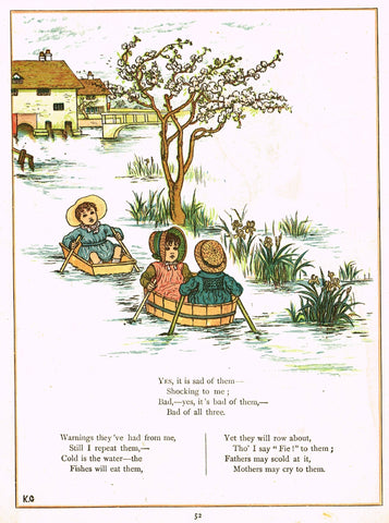 Kate Greenaway's 'Under the Window' - "THREE CHILDREN ROWING" - Chromolithograph - 1878