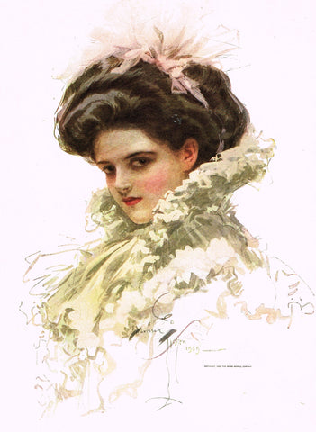 Harrison Fisher's - "LOVELY WOMAN WITH PINK HAIR BOW" - Lithograph - 1908