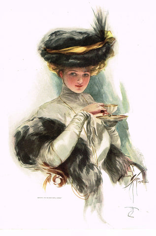 Harrison Fisher's - "LOVELY WOMAN WITH TEA CUP" - Lithograph - 1908
