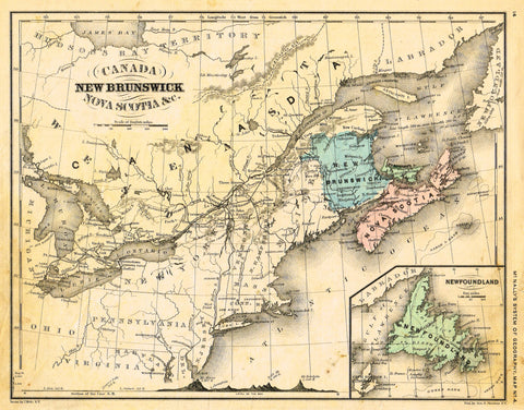 McNally's System Map - "NEW BRUNSWICK &  NOVA SCOTIA" - Hand-Colored Lithogrpah - 1866