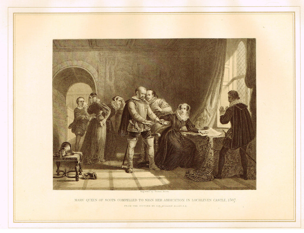 Archer's - "MARY QUEEN OF SCOTS COMPELLED TO SIGN HER ABDICATION" - Tinted Litho - 1880