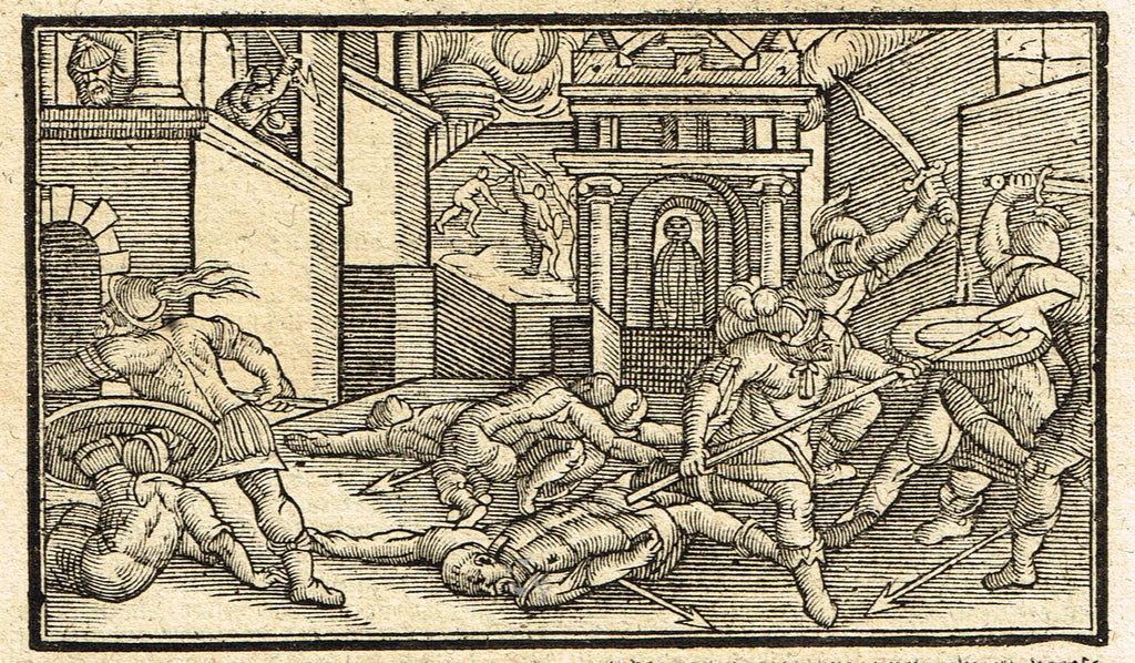 Dutch Bible Print - "BATTLE IN THE TEMPLE" - Woodcut - 1636