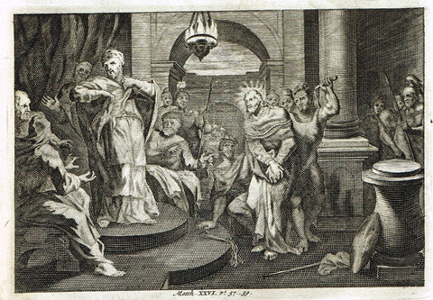Luyken Bible Print - "JESUS BEFORE KAJAFAS - MATTHEW XXVI" - Copper Engraving - 1700