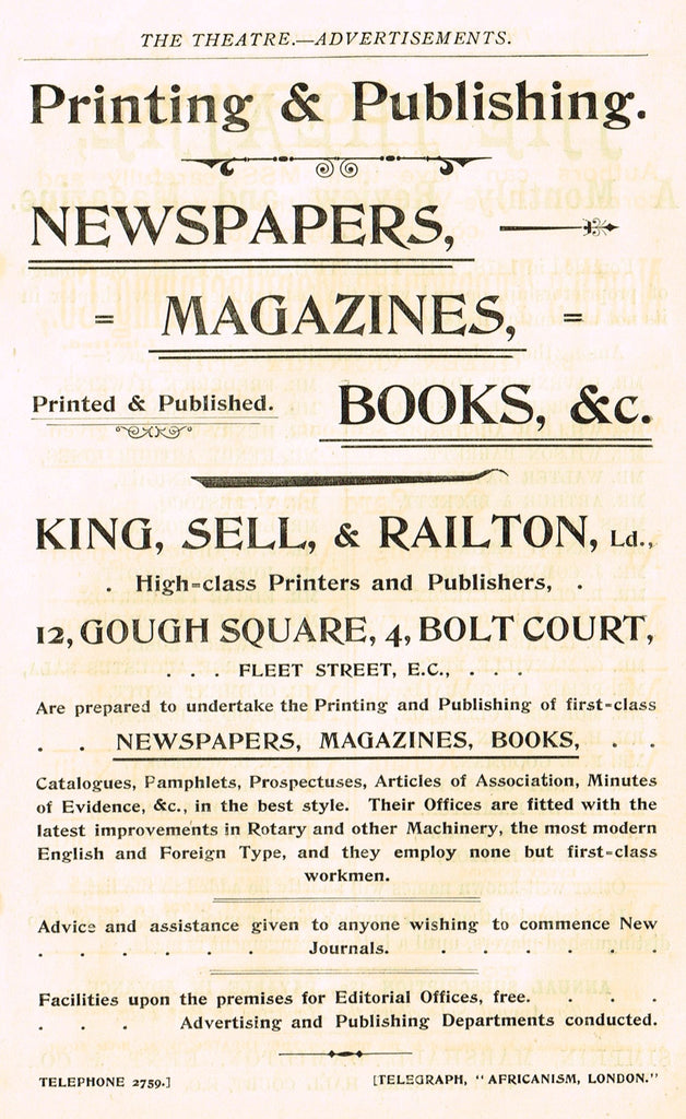 Antique Advertising Ephemera -  "KING, SELL & RAILTON PRINTERS" - Lithograph - 1875-94