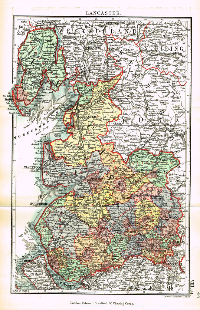 Stanford's G.B. County Map - "LANCASTER" - Chromo - 1885