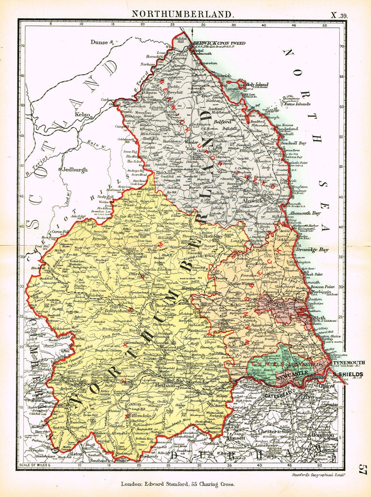 Stanford's G.B. County Map - "NORTHUMBERLAND" - Chromo - 1885