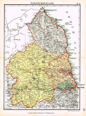 Stanford's G.B. County Map - "NORTHUMBERLAND" - Chromo - 1885