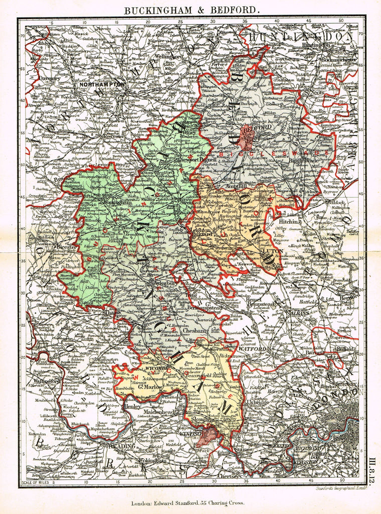 Stanford's G.B. County Map - "BUCKINGHAM & BEDFORD" - Chromo - 1885