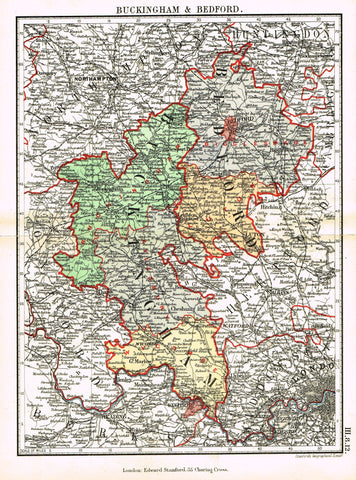 Stanford's G.B. County Map - "BUCKINGHAM & BEDFORD" - Chromo - 1885
