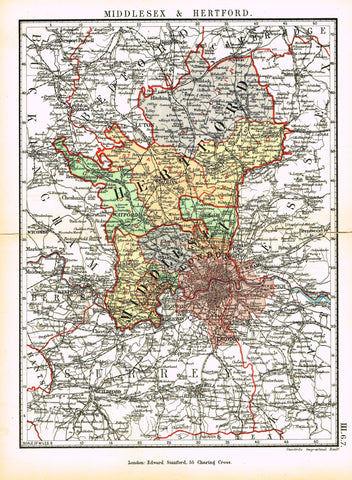 Stanford's G.B. County Map - "MIDDLESEX & HERTFORD" - Chromo - 1885