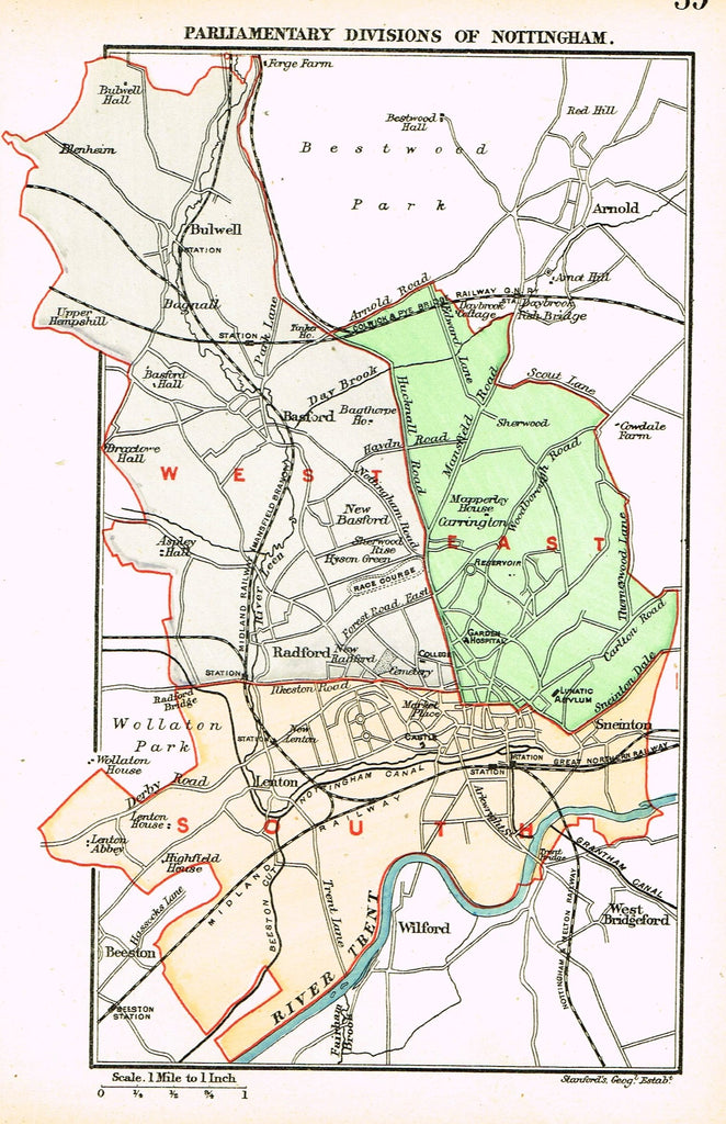 Stanford's G.B. County Map - "NOTTINGHAM" - Chromo - 1885