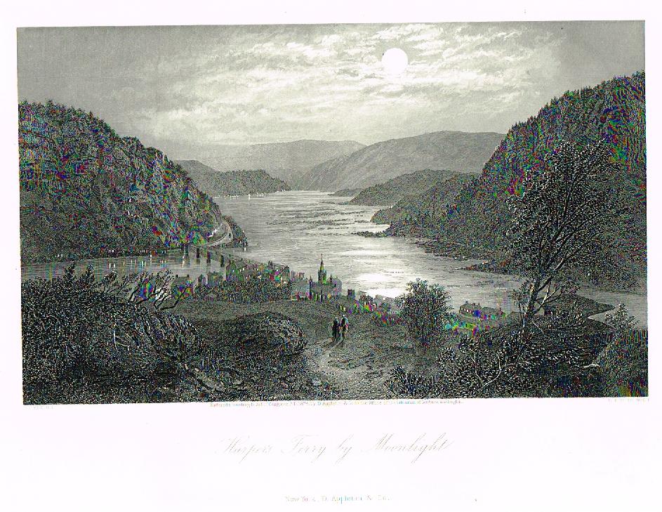 Picturesque America's "HARPER'S FERRY BY MOONLIGHT" - Steel Engraving - 1872