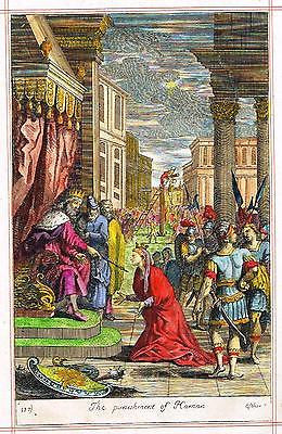 Blome's Bible History- "PUNISHMNET OF HAMAN" -Hand-Colored Engraving -1701