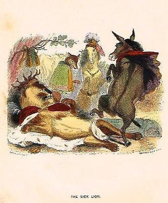 Grandville Fable - THE SICK LION - Colored Lithograph - 1842