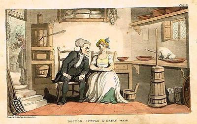 Dr. Syntax - "SYNTAX & DAIRY MAID" - Hand-Colored  Aquatint- 1819
