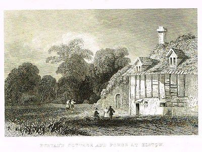 "BUNYAN'S COTTAGE AND FORGE AT ELSTOW" Steel Engraving - c1850