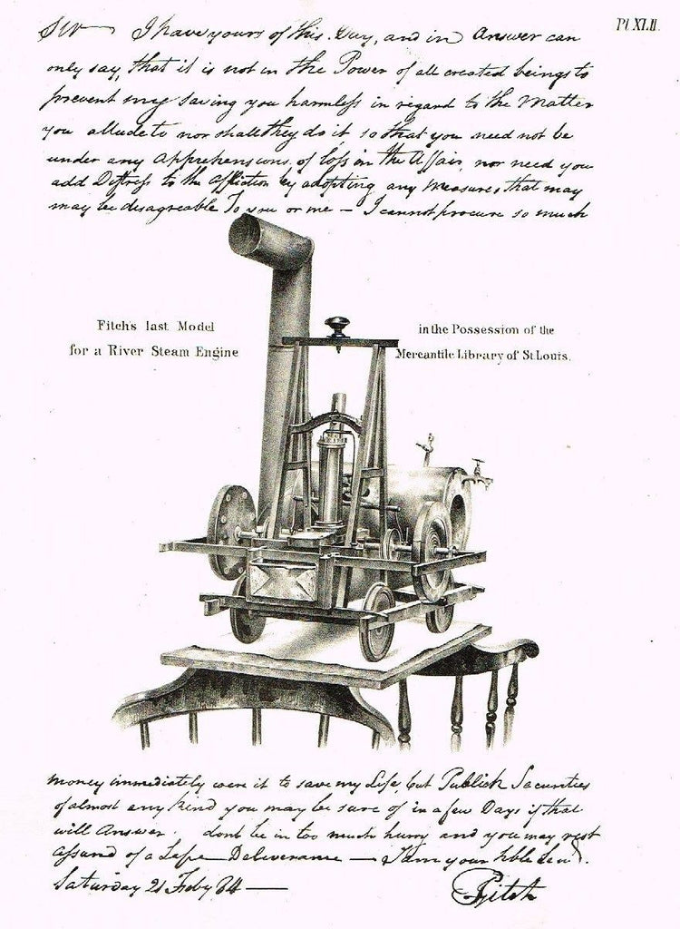 American Curiosities  1860   LAST RIVER STEAM ENGINE  Antique Engraving - Sandtique-Rare-Prints and Maps