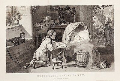 Children Playing - Steel Engraving  - 1850 - WEST'S FIRST EFFORT IN ART