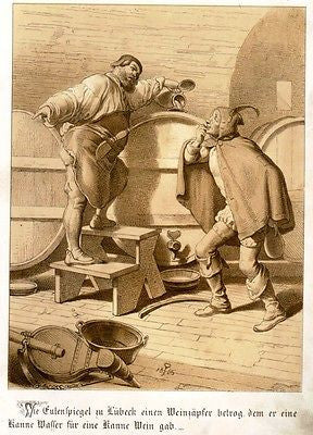"Till Eulenspiegel" Folklore Chromolithograph -1856- TILL  AT THE WINE TASTING - Sandtique-Rare-Prints and Maps