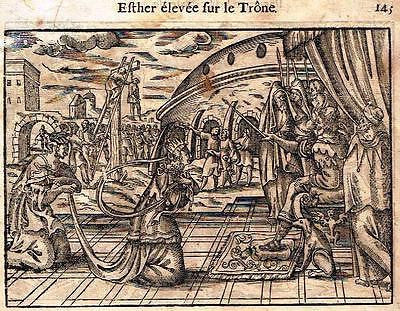 Leclerc's Bible  Woodcut - ESTER ELEVATED TO THE THRONE - 1614