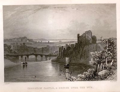 Wales Excursions by Roscoe  -1837- CHEPSTOW CASTLE - Antique Print