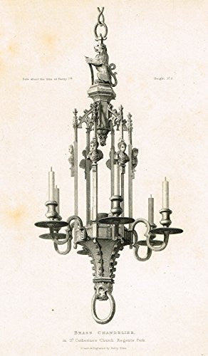 Shaw's Furniture - "BRASS CHANDELIER IN ST. CATHERINE'S CHURCH, REGENTS PARK" - Engraving - 1836
