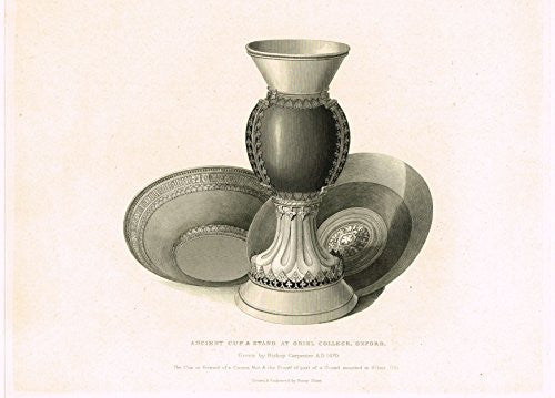 Shaw's - "ANCIENT CUP & STAND AT ORIEL COLLEGE, OXFORD" - Steel Engraving - 1836