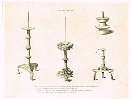 Shaw's Ancient Furniture - "CANDLESTICKS - (FOUR EXAMPLES)" - Large Steel Engraving - 1836