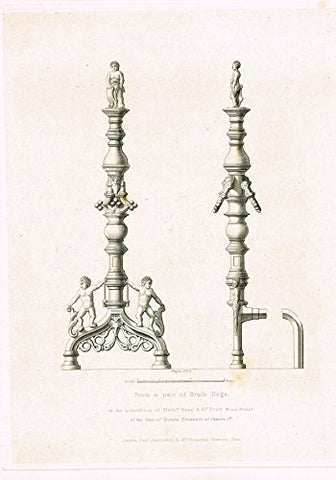 Shaw's - "From a PAIR OF BRASS DOGS of the TIME of QUEEN ELIZABETH" - Steel Engraving - 1836