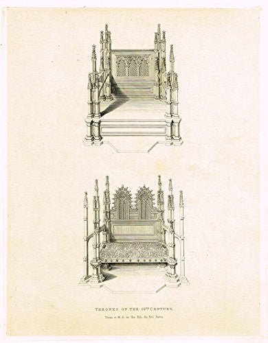 Shaw's Ancient Furniture - "THRONES OF THE 14th CENTURY" - Large Steel Engraving - 1836