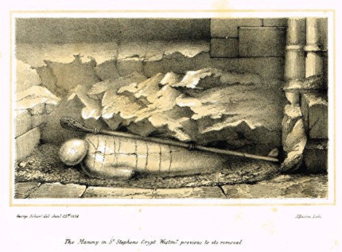 Archaeologia's Antiquity - THE MUMMY IN ST. STEPHENS CRYPT - Engraving - 1852
