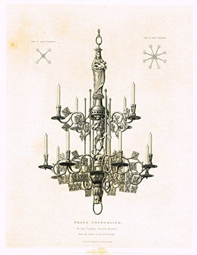 Shaw's Ancient Furniture - "BRASS CHANDELIER" - Large Steel Engraving - 1836