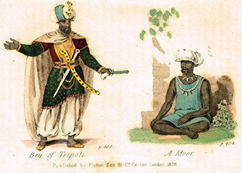 Miniature Print - BAY OF TRIPOLI & A MOOR by Graham - Hand Colored Copper Engraving -1828
