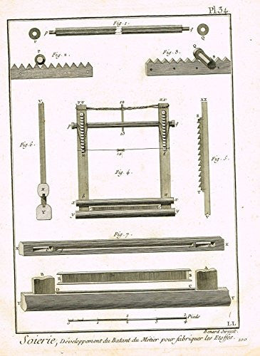 Diderot - SILK MANUFACTURE, EQUIPMENT FOR LARGER FABRICS - Copper Engraving - 1751