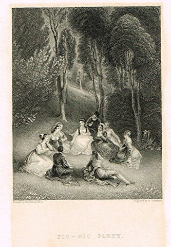 Miniature Print - PIC-NIC PARTY by Allen - Steel Engraving - c1850