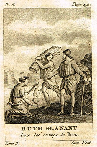 Miniature Print - RUTH GLALANT DANS LES CHAMPS DE BOOZ by Canu - Copperl Engraving -1829