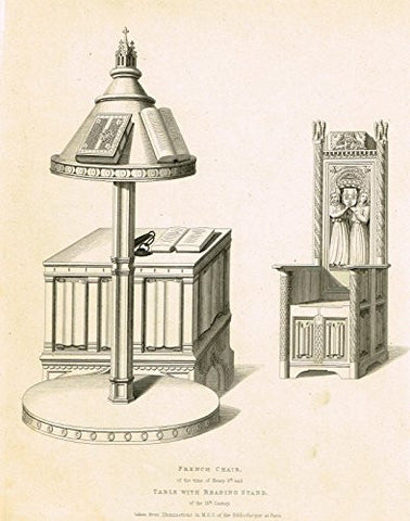 Shaw's Ancient Furniture - "FRENCH CHAIR & TABLE WITH READING STAND" - Large Steel Engraving - 1836