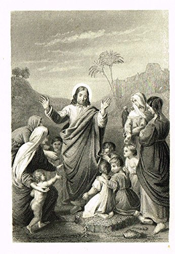 Miniature Religious Print - JESUS WITH LITTLE CHILDREN - Engraving - c1850