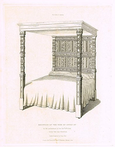 Shaw's Ancient Furniture - "BEDSTEAD of the TIME of HENRY 8th" - Large Steel Engraving - 1836